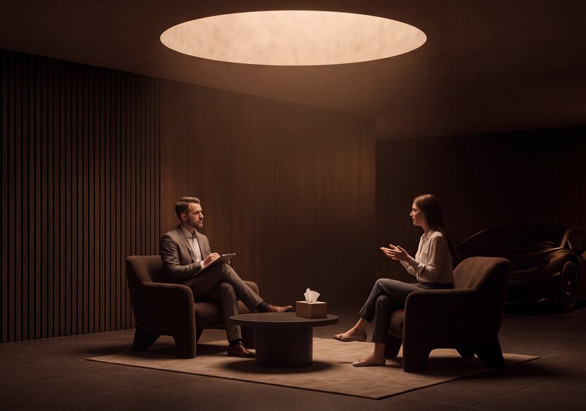 A calm conversation under a skylight