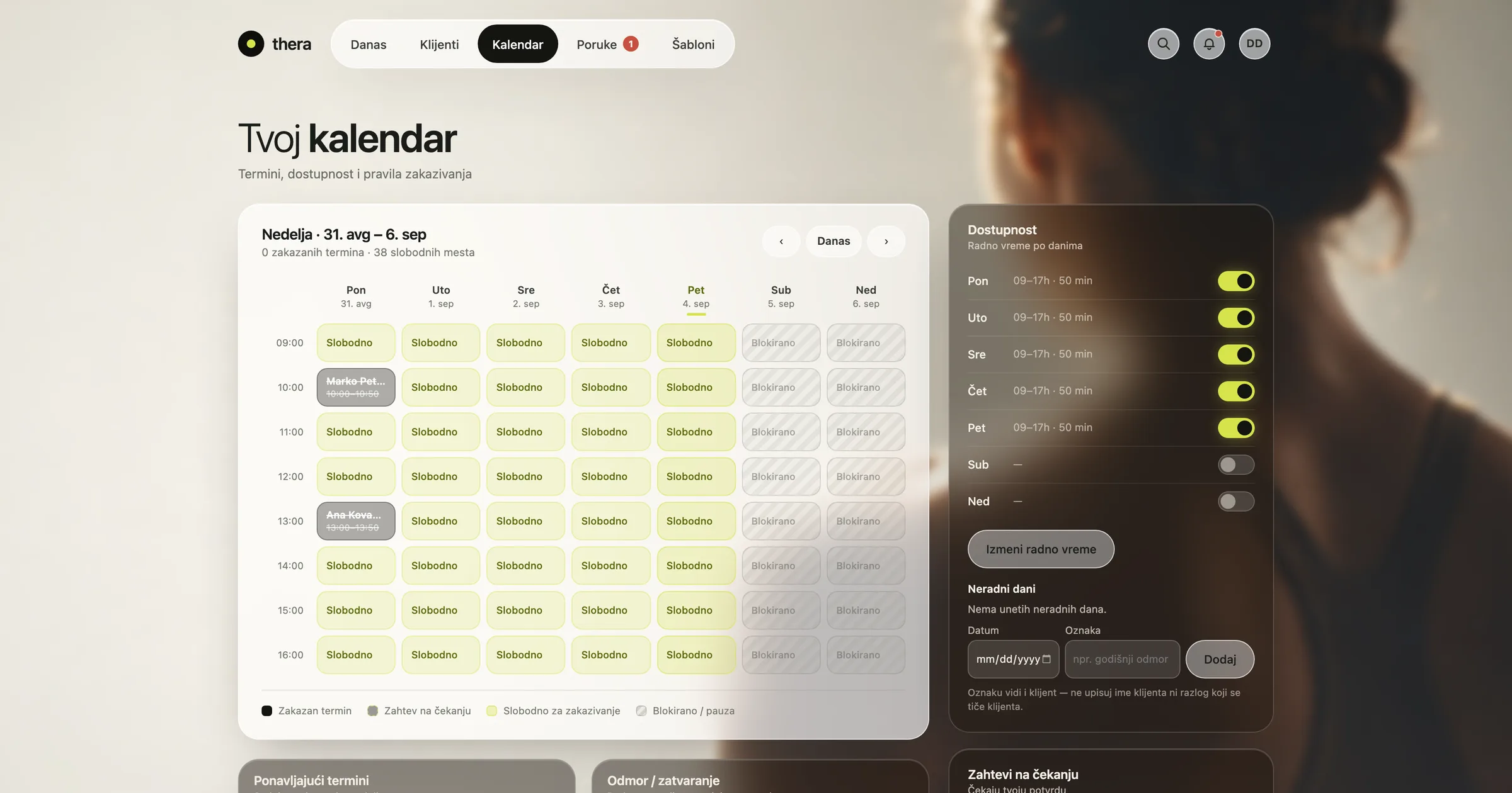 thera calendar - weekly view with availability